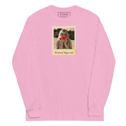 Pink long-sleeved shirt with graphic of woman holding a watermelon slice in front of her mouth.