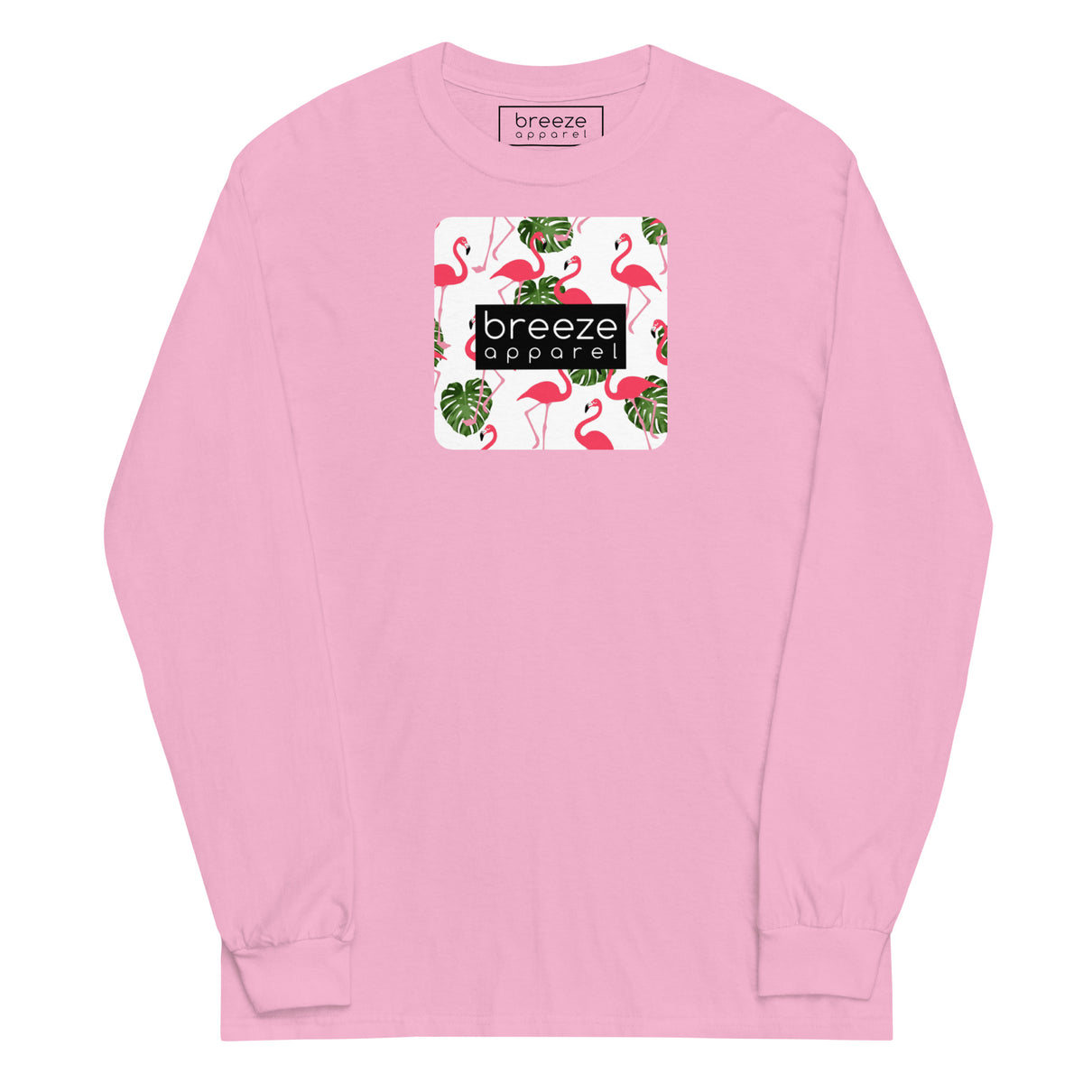 Pink long-sleeved shirt with pattern of flamingos inside of a square, overlaid with a black box with 'breeze apparel' in white inside.