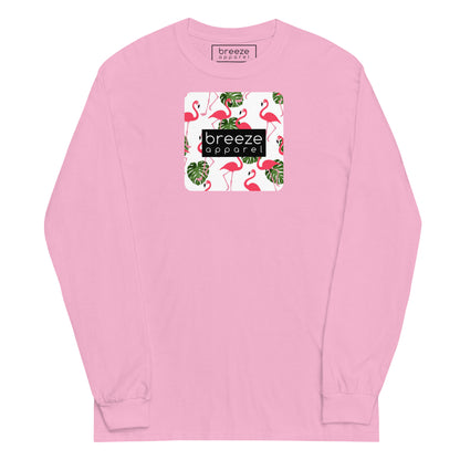 Pink long-sleeved shirt with pattern of flamingos inside of a square, overlaid with a black box with 'breeze apparel' in white inside.