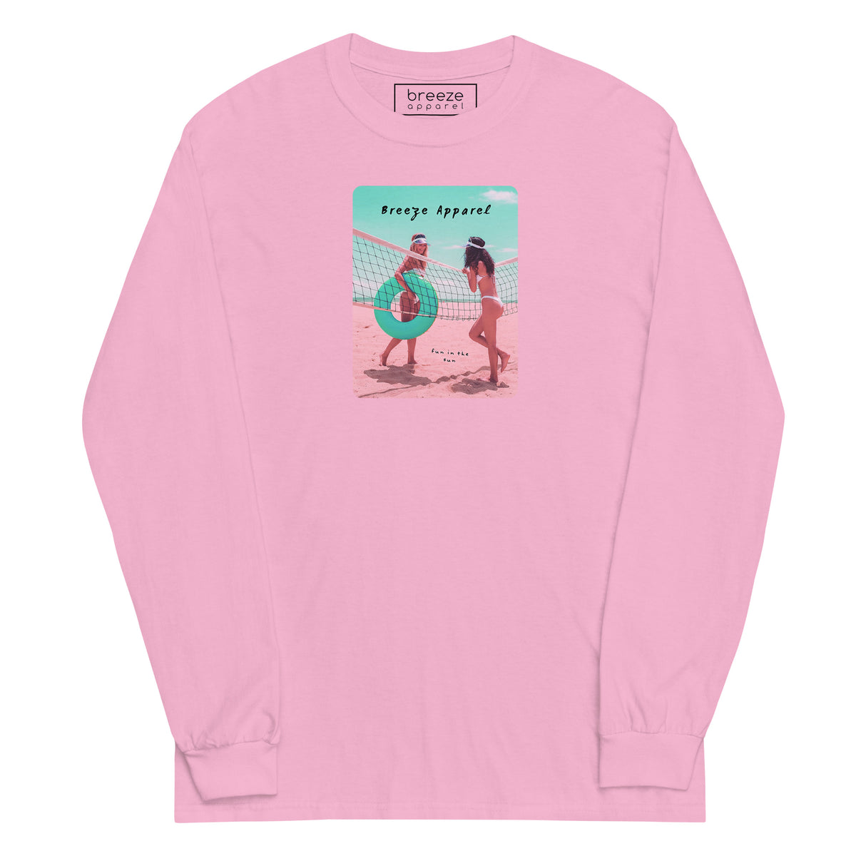 Pink long-sleeved shirt with colorful graphic of two women on the beach.