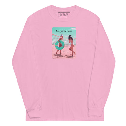 Pink long-sleeved shirt with colorful graphic of two women on the beach.