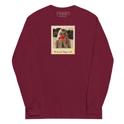 Maroon long-sleeved shirt with graphic of woman holding a watermelon slice in front of her mouth.