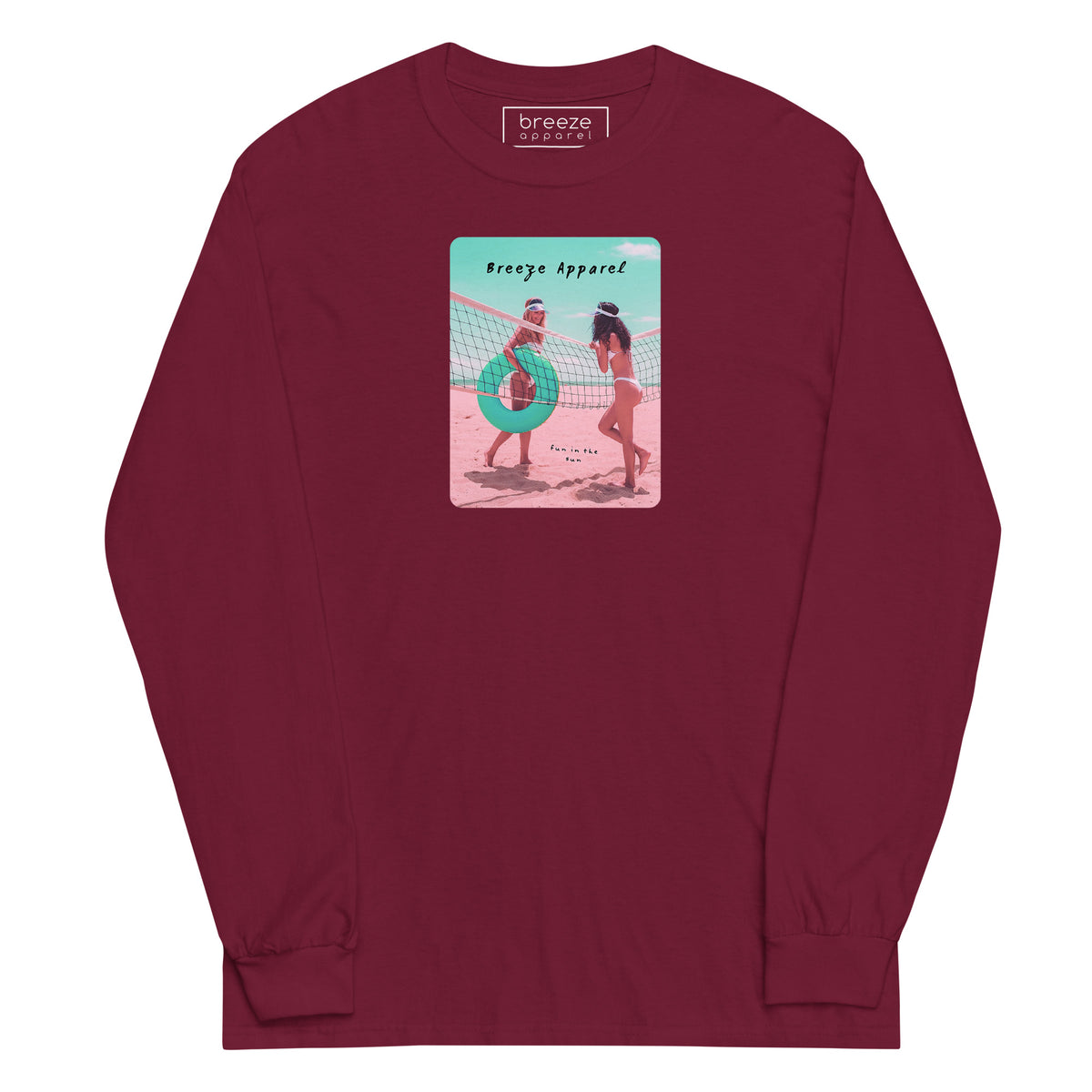 Maroon long-sleeved shirt with colorful graphic of two women on the beach.