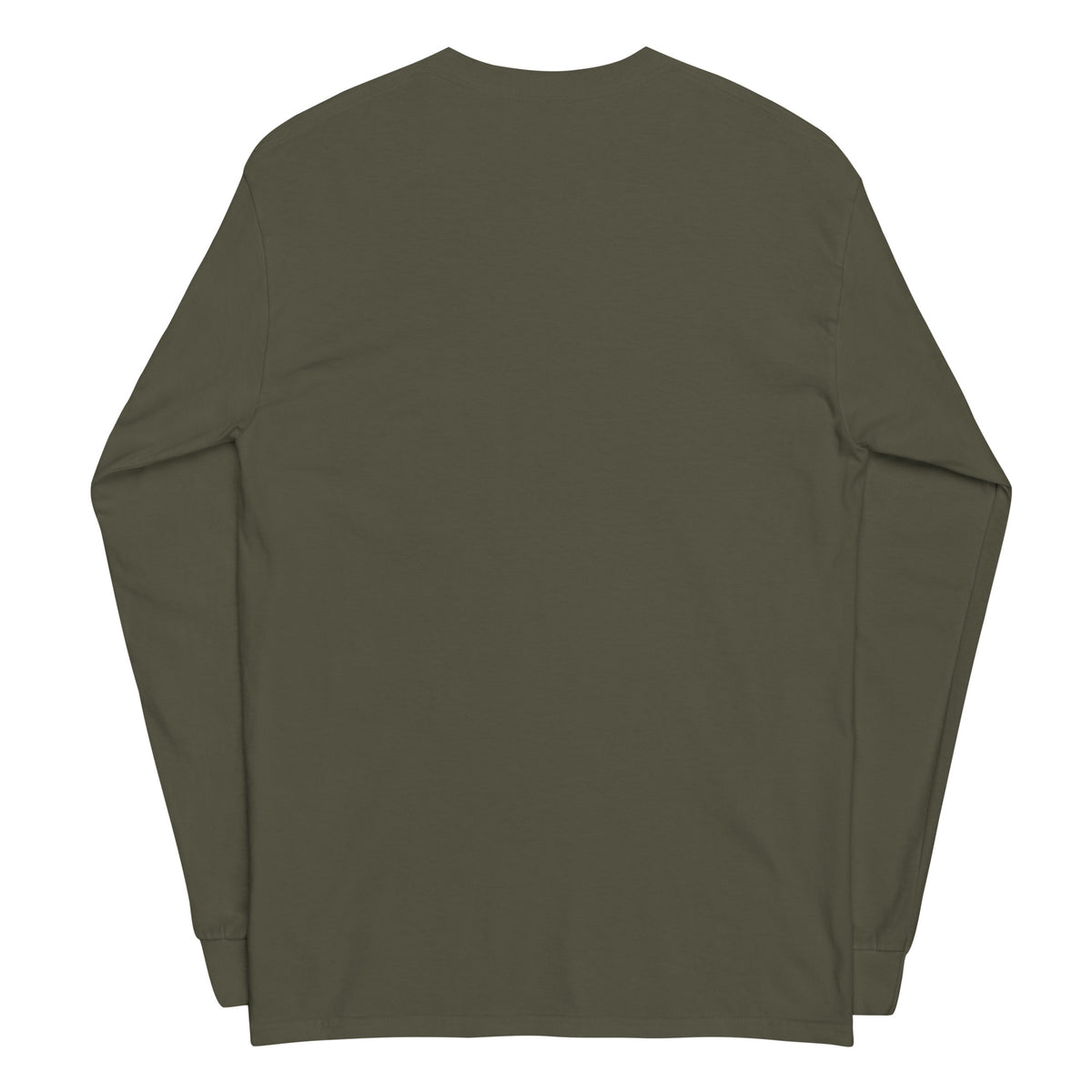Plain back of green long-sleeved shirt.