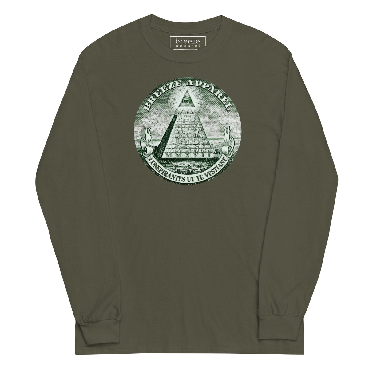Green, long-sleeved shirt with graphic of pyramid resembling that of the US one-dollar bill.