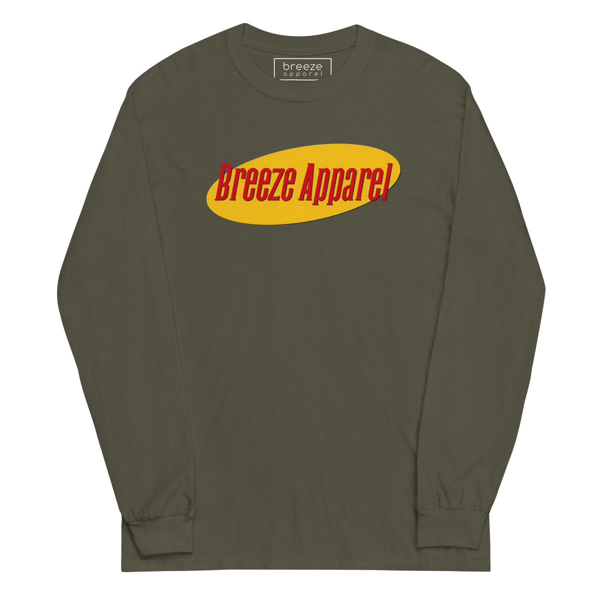 Green long-sleeved shirt with graphic of "Breeze Apparel" in red lettering set on a yellow oval.