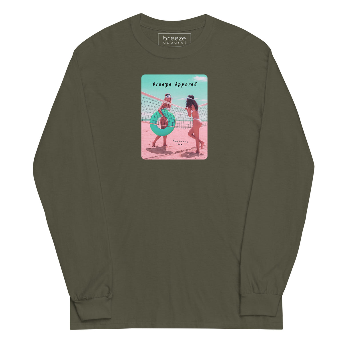 Green long-sleeved shirt with colorful graphic of two women on the beach.