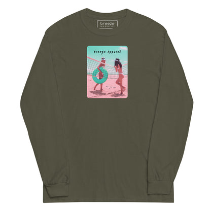 Green long-sleeved shirt with colorful graphic of two women on the beach.