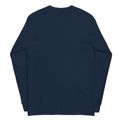 Plain back of navy long-sleeved shirt.