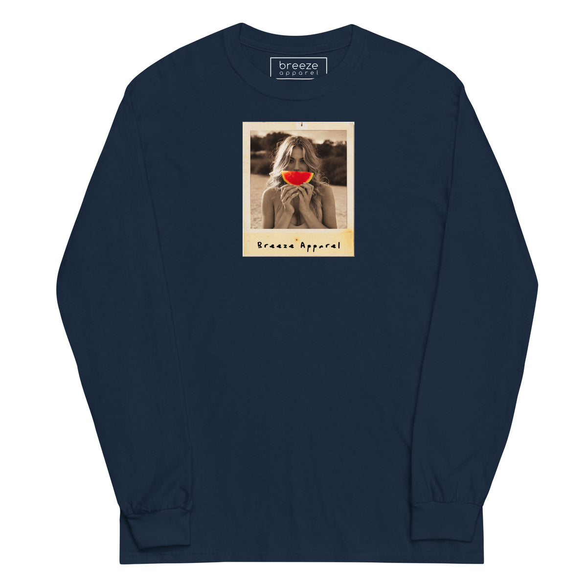 Navy long-sleeved shirt with graphic of woman holding a watermelon slice in front of her mouth.