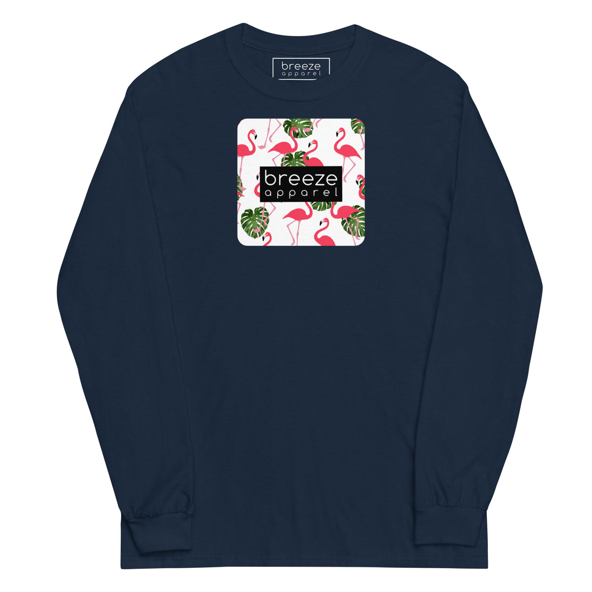 Navy long-sleeved shirt with pattern of flamingos inside of a square, overlaid with a black box with 'breeze apparel' in white inside.