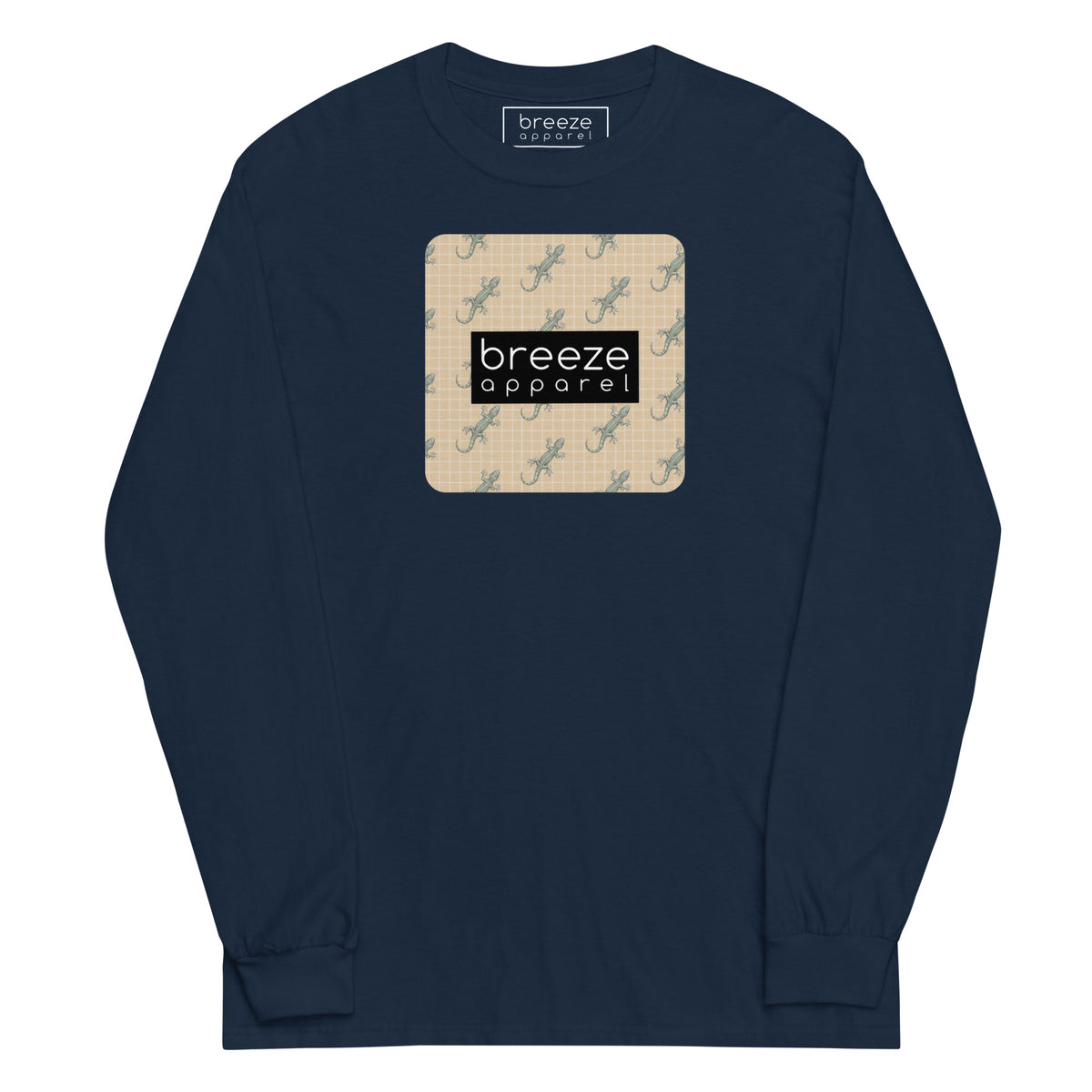 Navy, long-sleeved shirt with square over chest that contains pattern of green geckos set on beige background, overlaid with black, rectangular logo with white lettering.