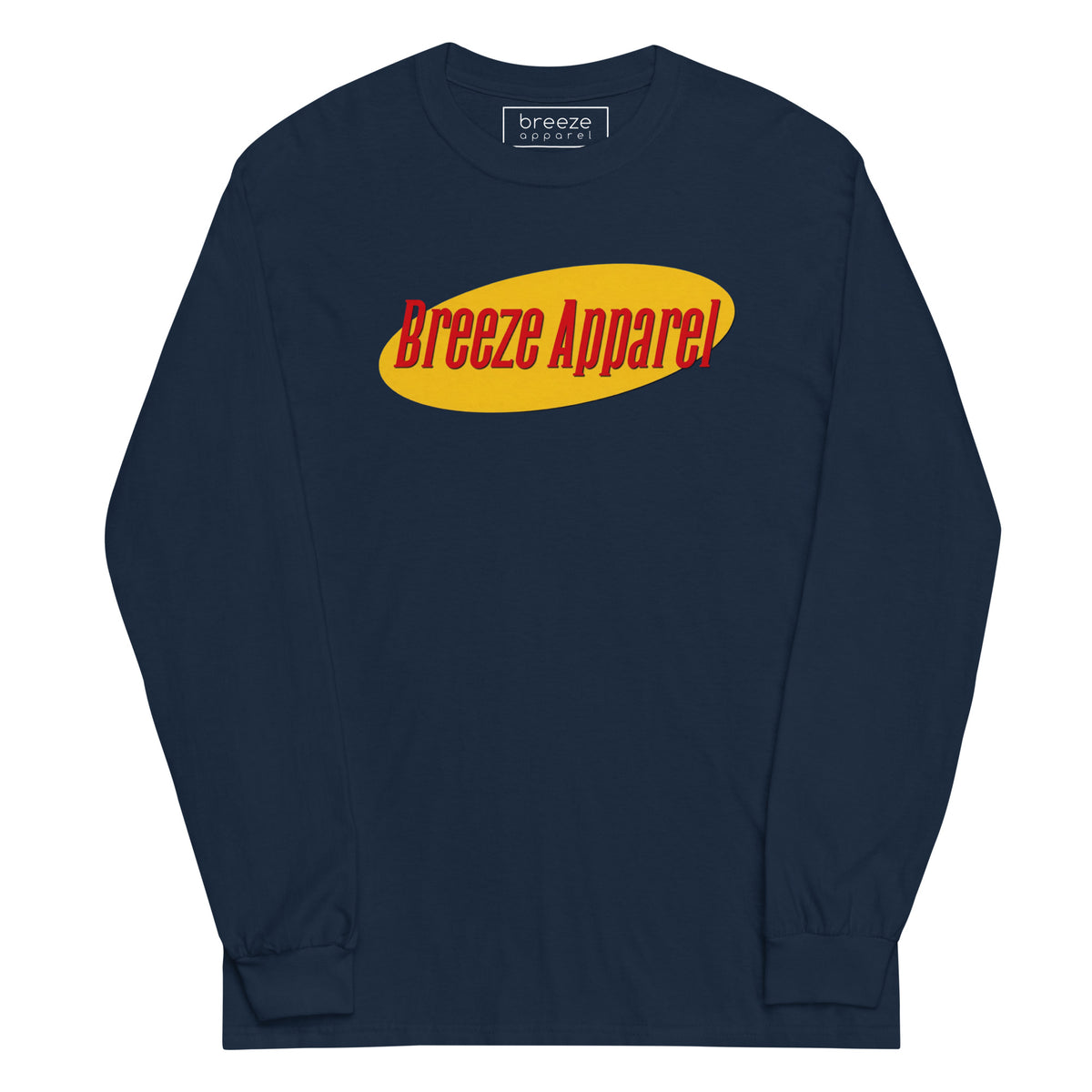 Navy long-sleeved shirt with graphic of "Breeze Apparel" in red lettering set on a yellow oval.