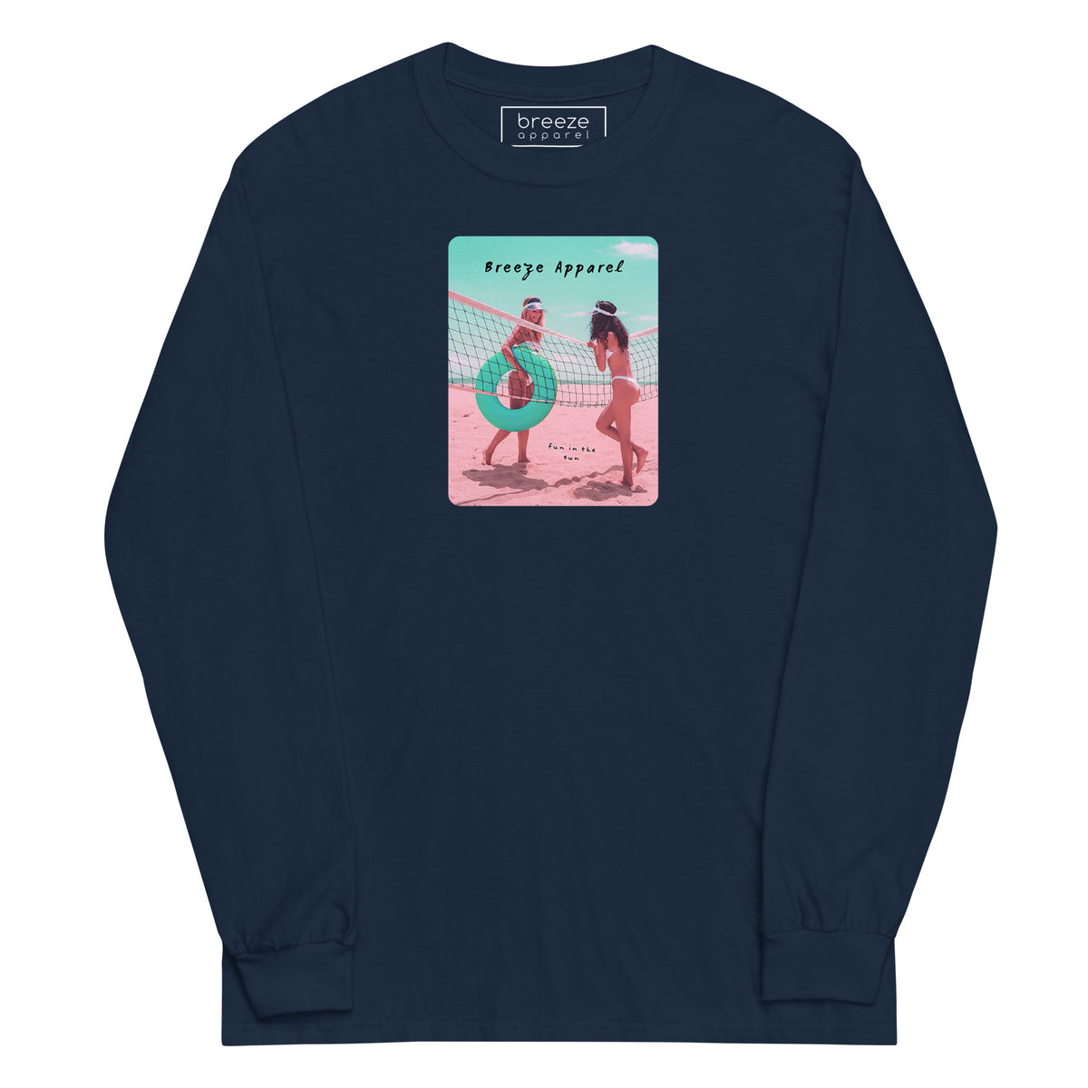 Navy long-sleeved shirt with colorful graphic of two women on the beach.