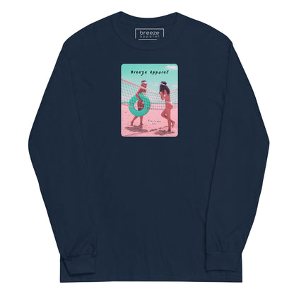 Navy long-sleeved shirt with colorful graphic of two women on the beach.