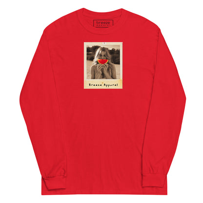 Red long-sleeved shirt with graphic of woman holding a watermelon slice in front of her mouth.