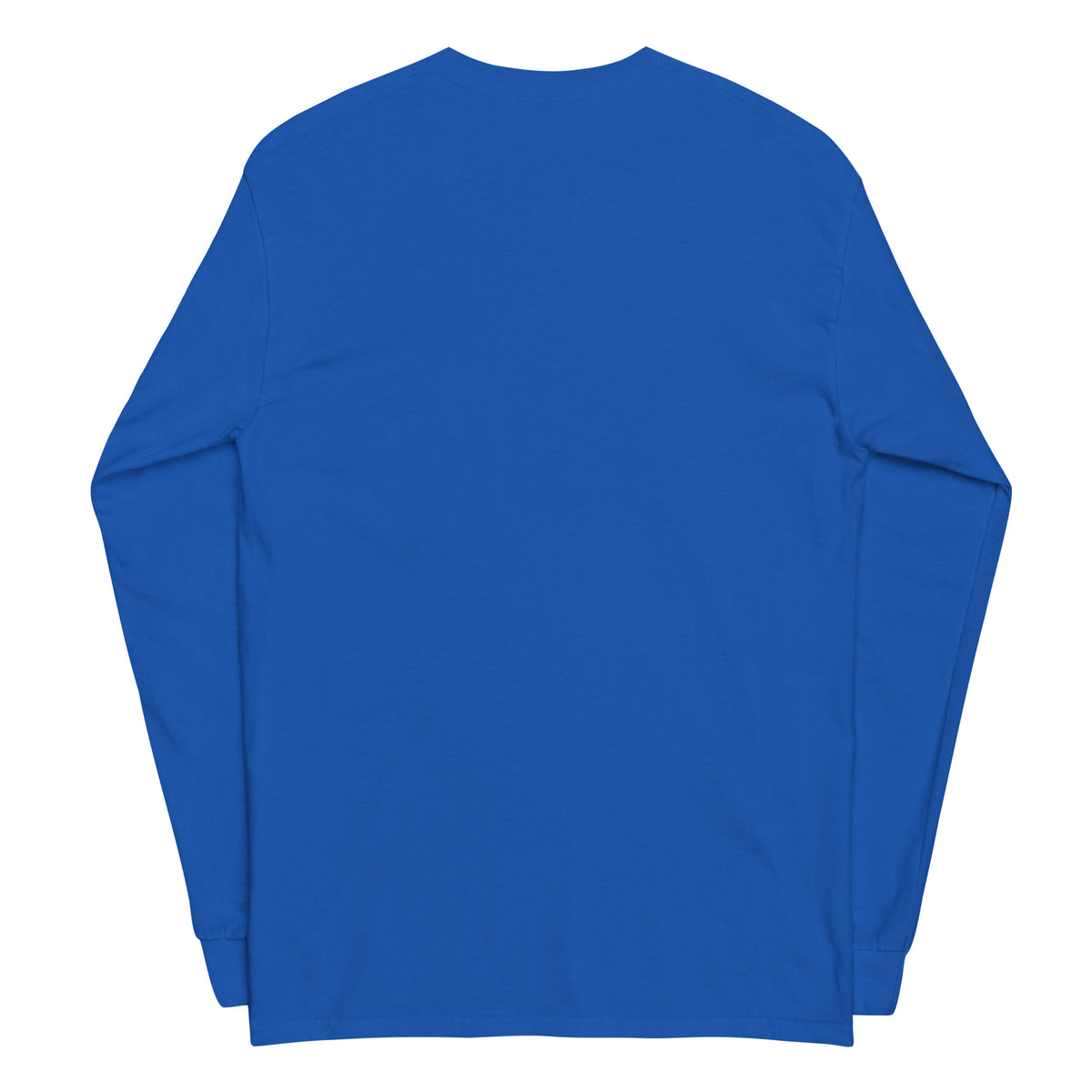 Plain back of blue long-sleeved shirt.