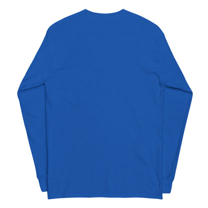 Plain back of blue long-sleeved shirt.