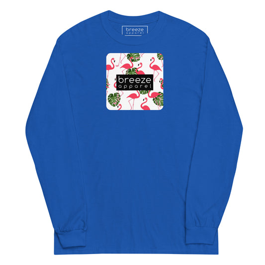 Blue long-sleeved shirt with pattern of flamingos inside of a square, overlaid with a black box with 'breeze apparel' in white inside.