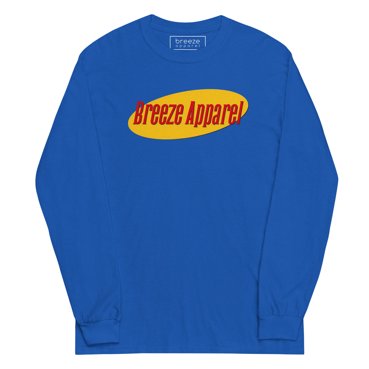 Blue long-sleeved shirt with graphic of "Breeze Apparel" in red lettering set on a yellow oval.
