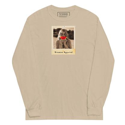 Beige long-sleeved shirt with graphic of woman holding a watermelon slice in front of her mouth.