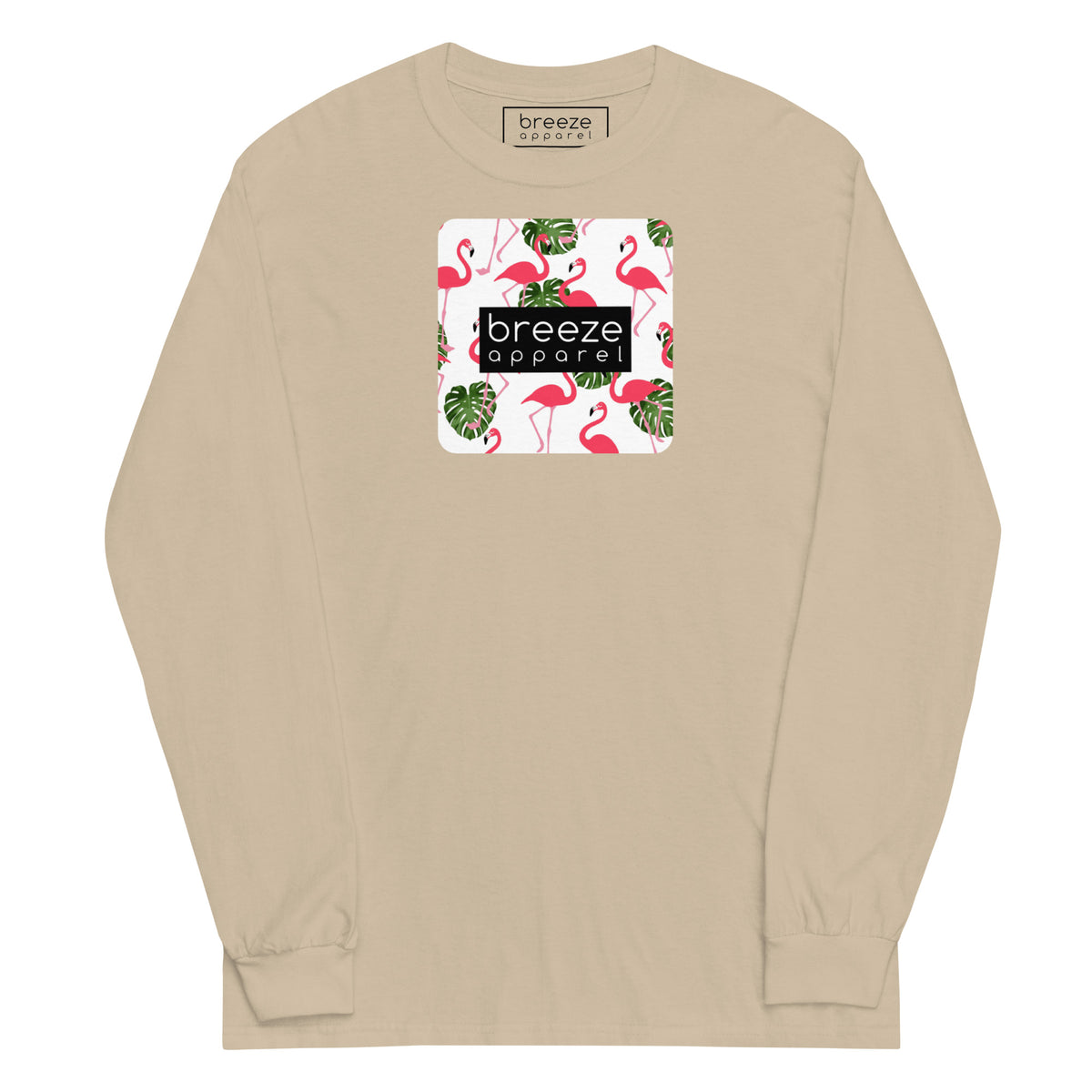 Beige long-sleeved shirt with pattern of flamingos inside of a square, overlaid with a black box with 'breeze apparel' in white inside.