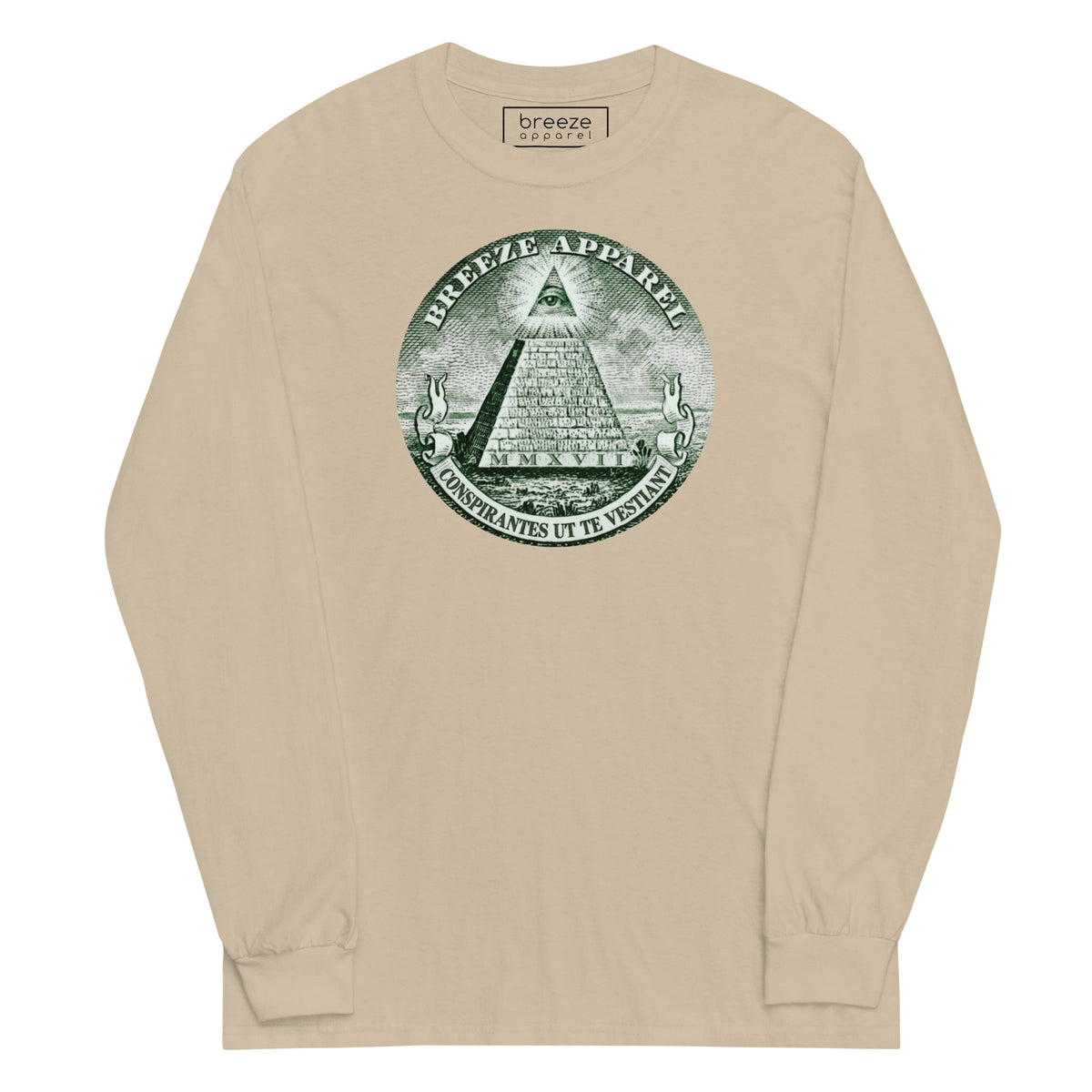 Beige, long-sleeved shirt with graphic of pyramid resembling that of the US one-dollar bill.