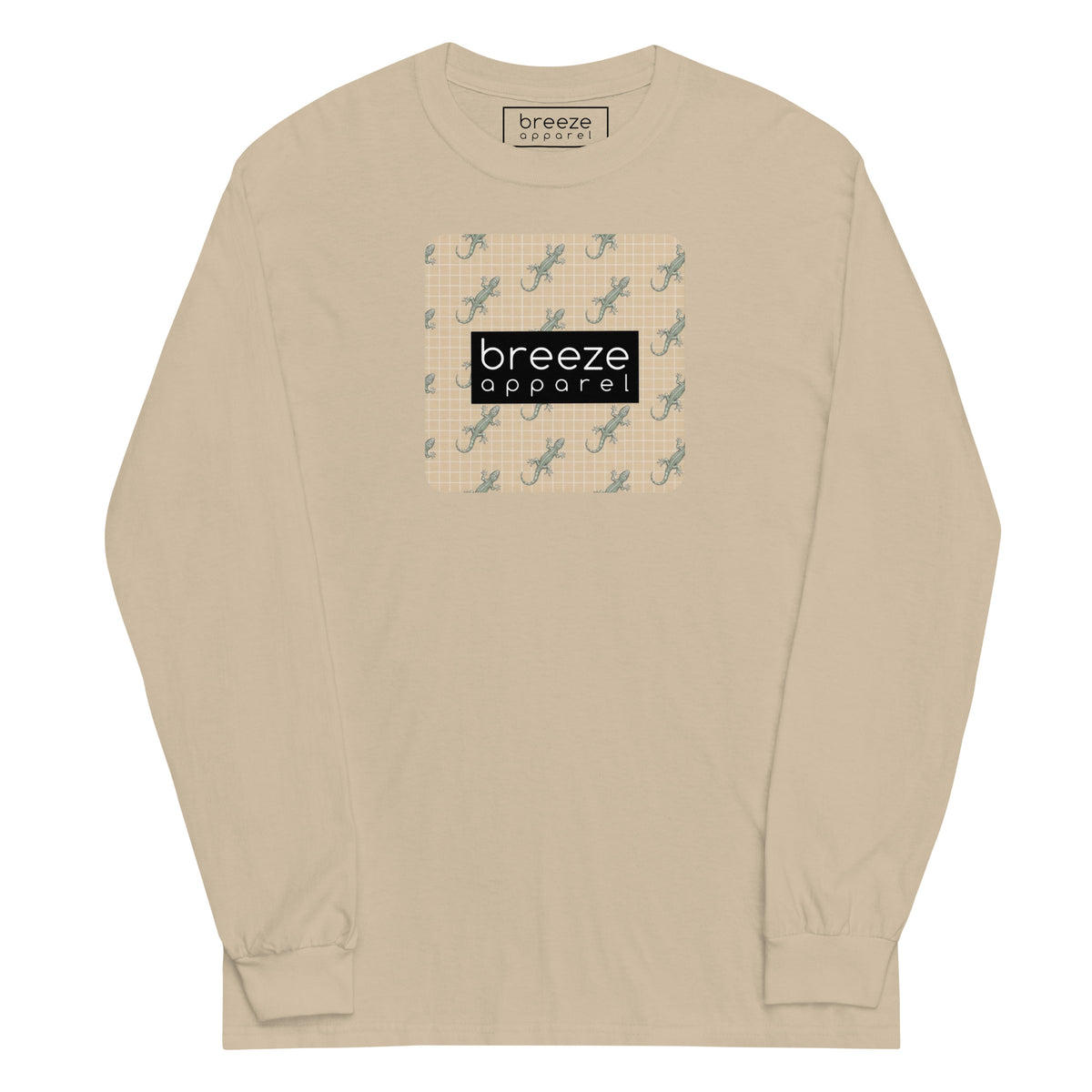Beige, long-sleeved shirt with square over chest that contains pattern of green geckos set on beige background, overlaid with black, rectangular logo with white lettering.
