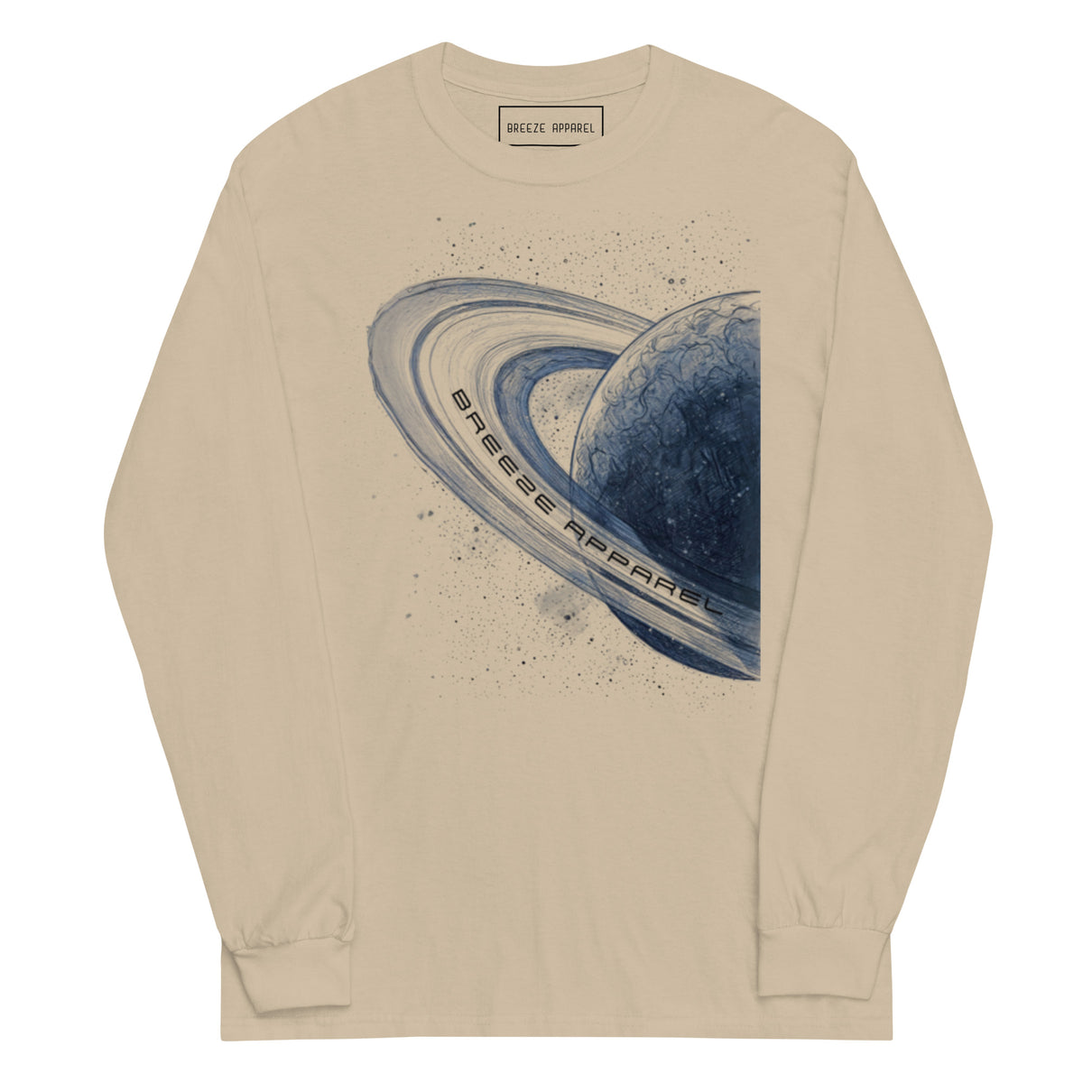 Beige, long-sleeved shirt with graphic of blue planet.