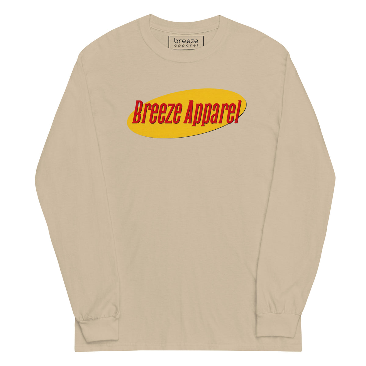 Beige long-sleeved shirt with graphic of "Breeze Apparel" in red lettering set on a yellow oval.