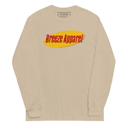 Beige long-sleeved shirt with graphic of "Breeze Apparel" in red lettering set on a yellow oval.