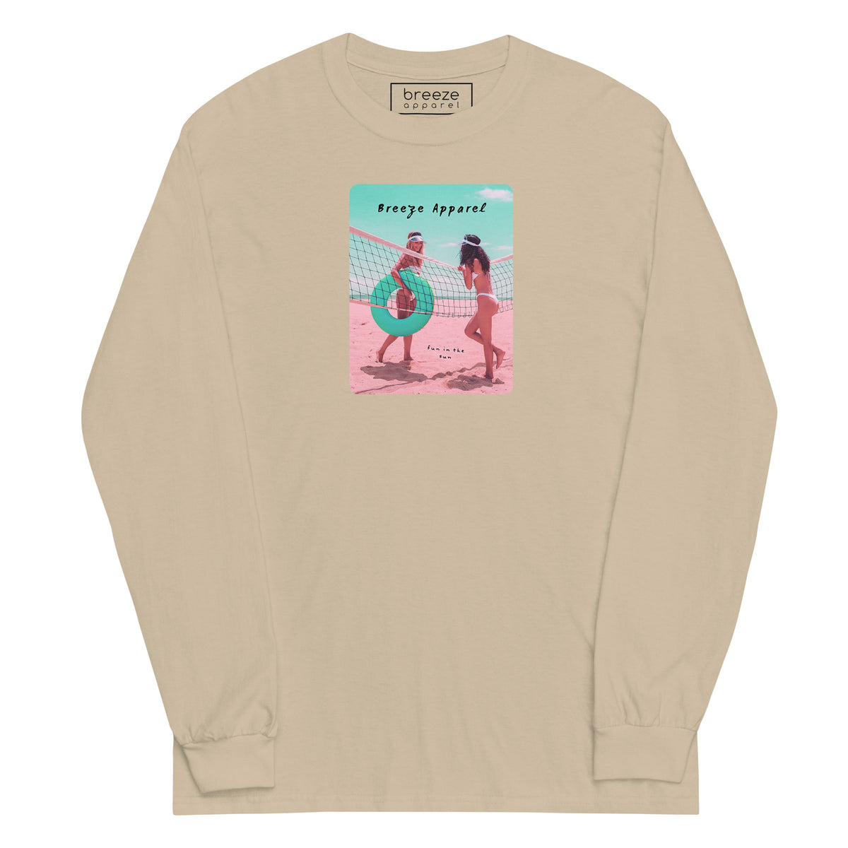 Beige long-sleeved shirt with colorful graphic of two women on the beach.