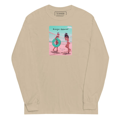 Beige long-sleeved shirt with colorful graphic of two women on the beach.