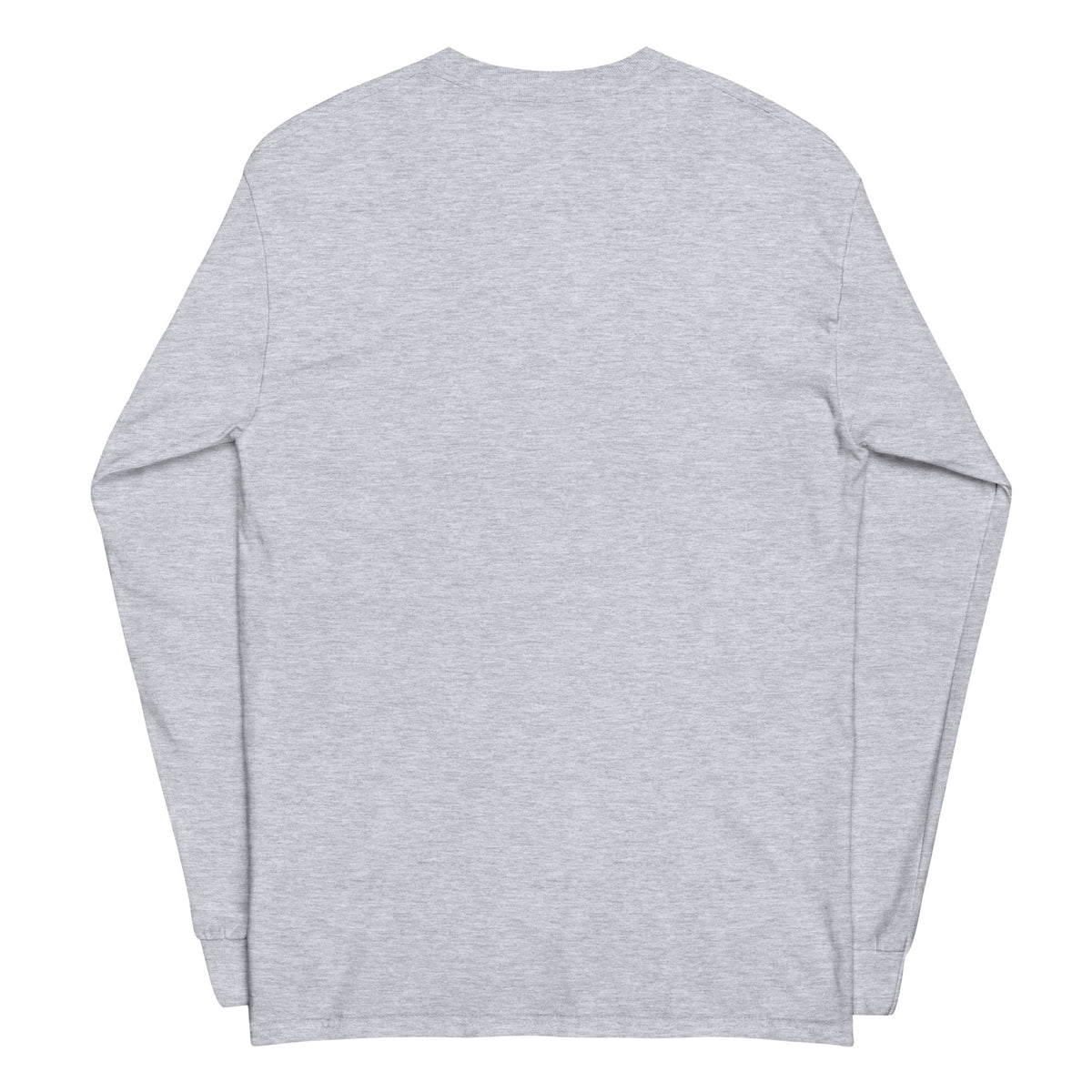 Plain back of gray long-sleeved shirt.