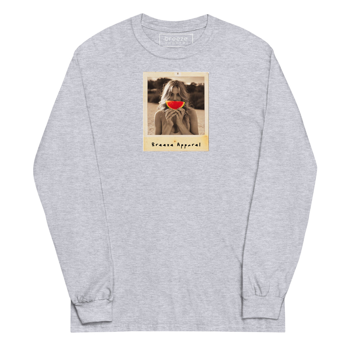 Gray long-sleeved shirt with graphic of woman holding a watermelon slice in front of her mouth.