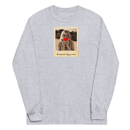 Gray long-sleeved shirt with graphic of woman holding a watermelon slice in front of her mouth.