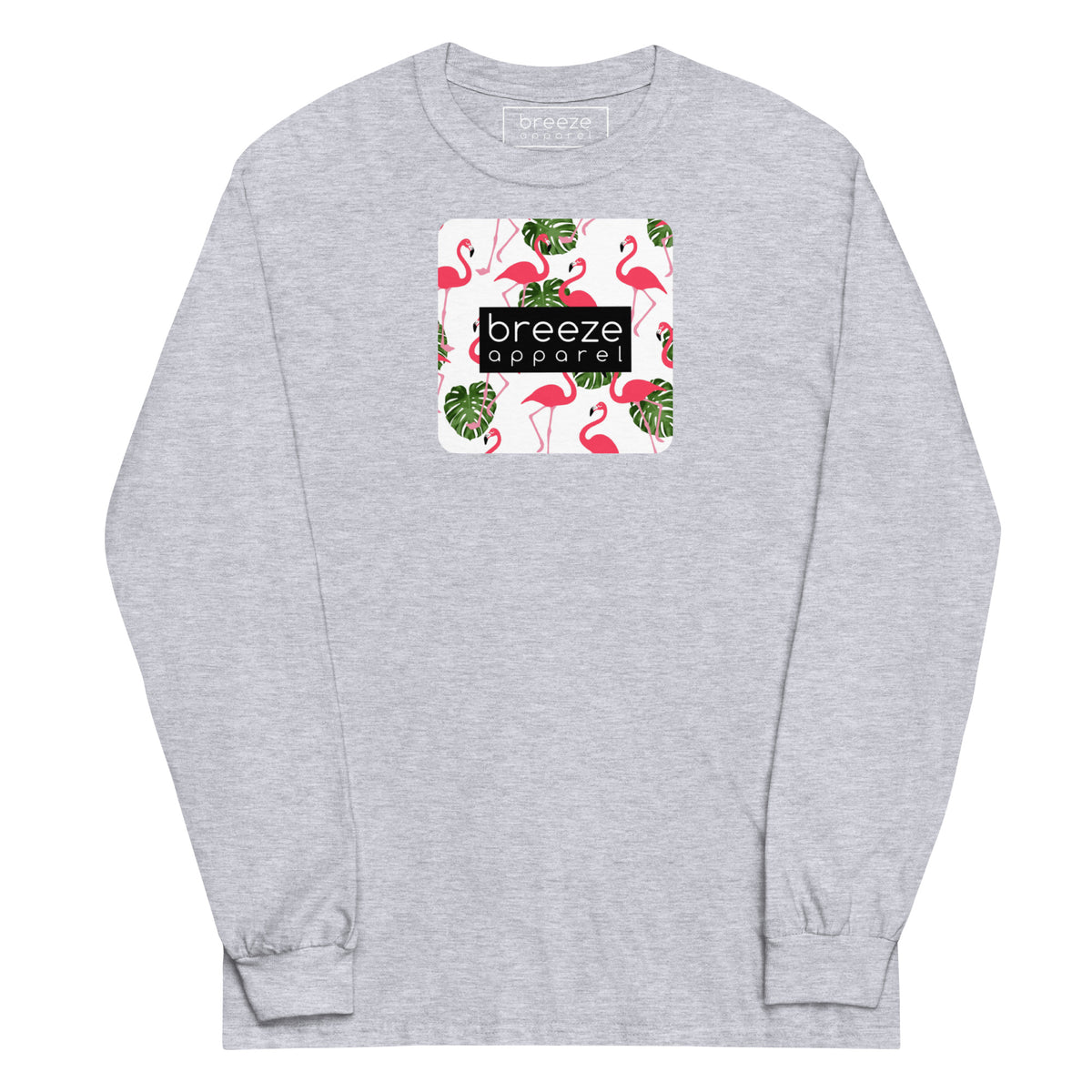 Gray long-sleeved shirt with pattern of flamingos inside of a square, overlaid with a black box with 'breeze apparel' in white inside.