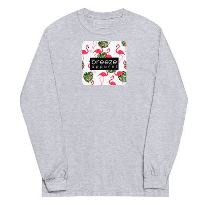 Gray long-sleeved shirt with pattern of flamingos inside of a square, overlaid with a black box with 'breeze apparel' in white inside.