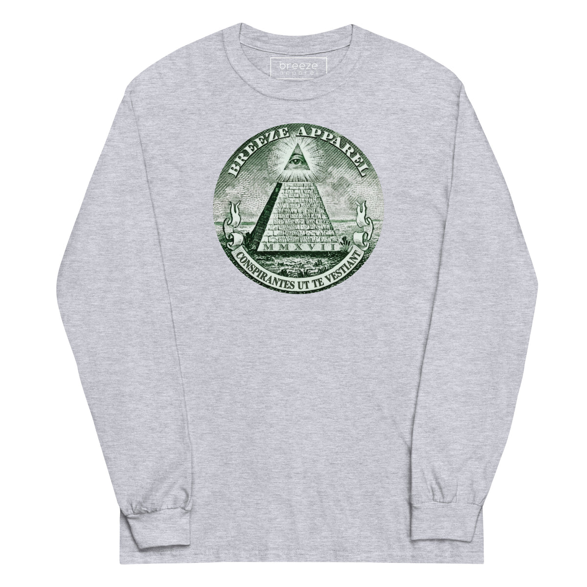 Gray, long-sleeved shirt with graphic of pyramid resembling that of the US one-dollar bill.