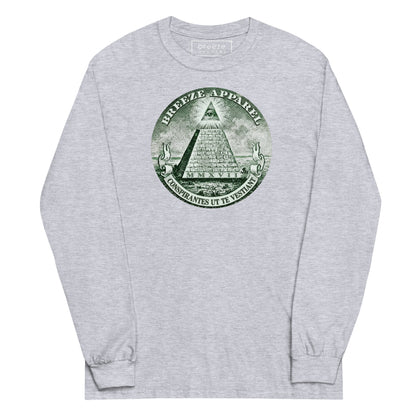 Gray, long-sleeved shirt with graphic of pyramid resembling that of the US one-dollar bill.