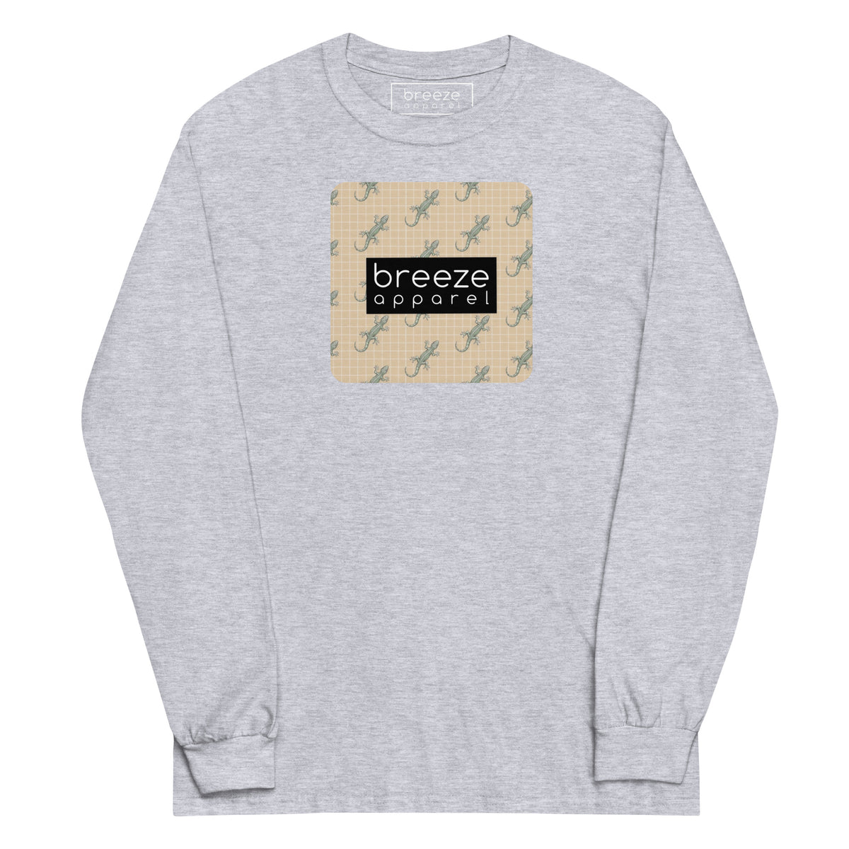 Gray, long-sleeved shirt with square over chest that contains pattern of green geckos set on beige background, overlaid with black, rectangular logo with white lettering.