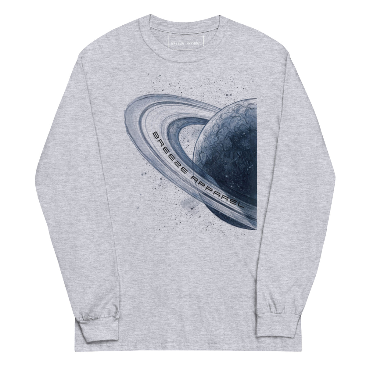 Gray, long-sleeved shirt with graphic of blue planet.