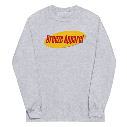 Gray long-sleeved shirt with graphic of "Breeze Apparel" in red lettering set on a yellow oval.