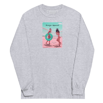 Gray long-sleeved shirt with colorful graphic of two women on the beach.