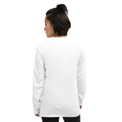 Rear view of woman wearing white, long-sleeved shirt.