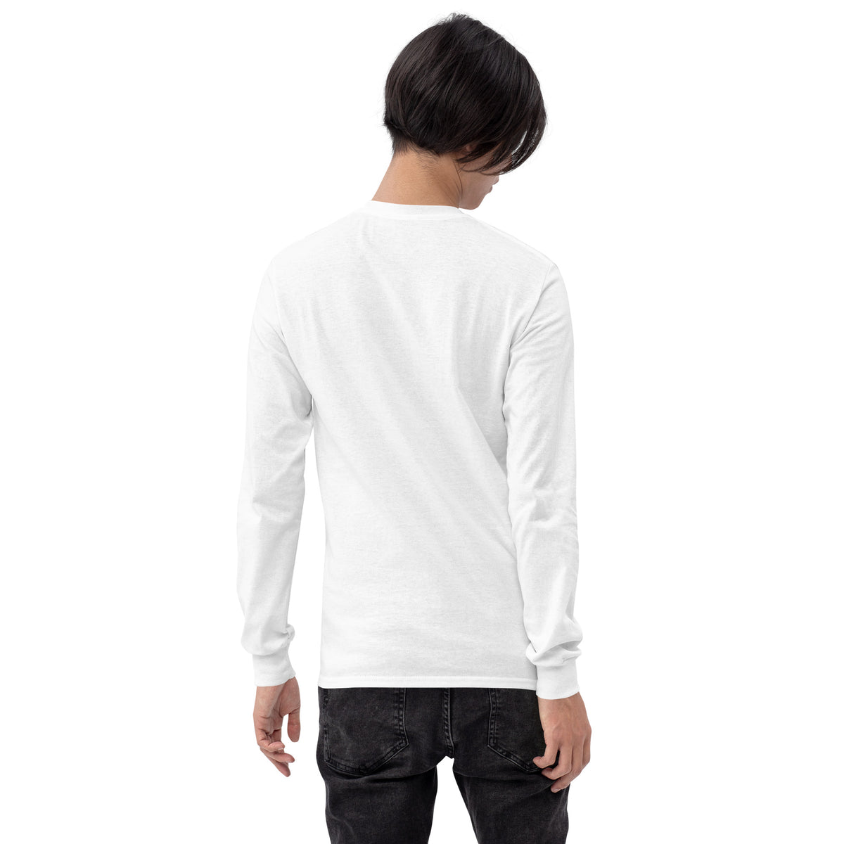 Rear view of man wearing white, long-sleeved shirt.