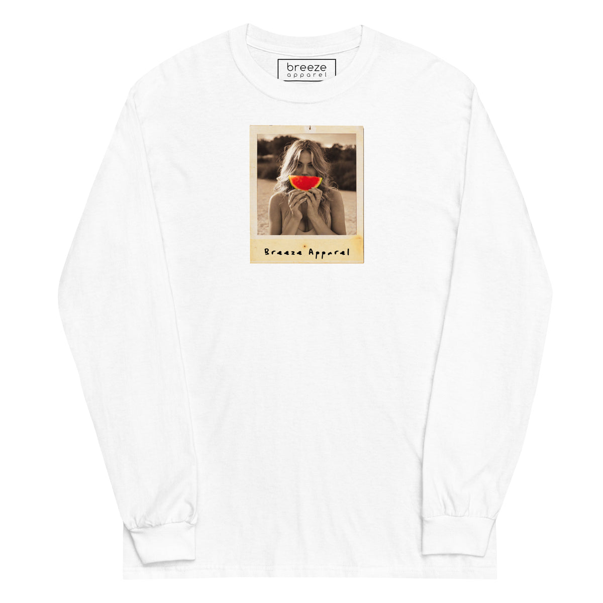White long-sleeved shirt with graphic of woman holding a watermelon slice in front of her mouth.