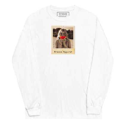 White long-sleeved shirt with graphic of woman holding a watermelon slice in front of her mouth.