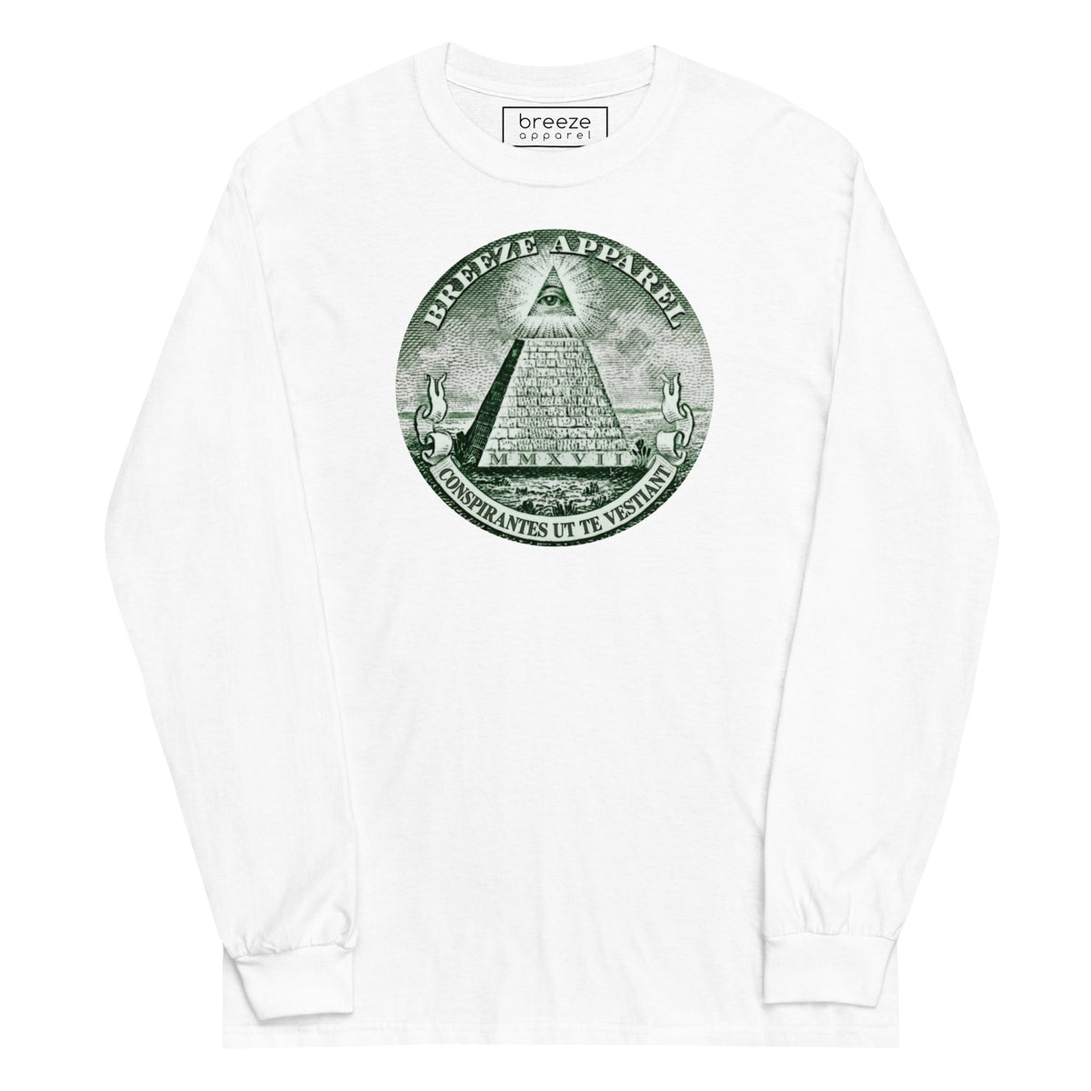 White, long-sleeved shirt with graphic of pyramid resembling that of the US one-dollar bill.