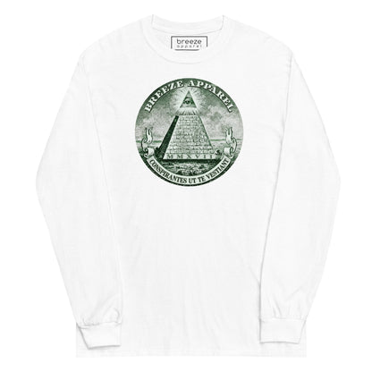 White, long-sleeved shirt with graphic of pyramid resembling that of the US one-dollar bill.
